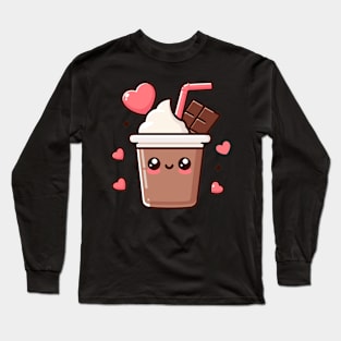 Cute Chocolate Milkshake with a Chocolate Bar and Hearts | Kawaii Food Art Long Sleeve T-Shirt